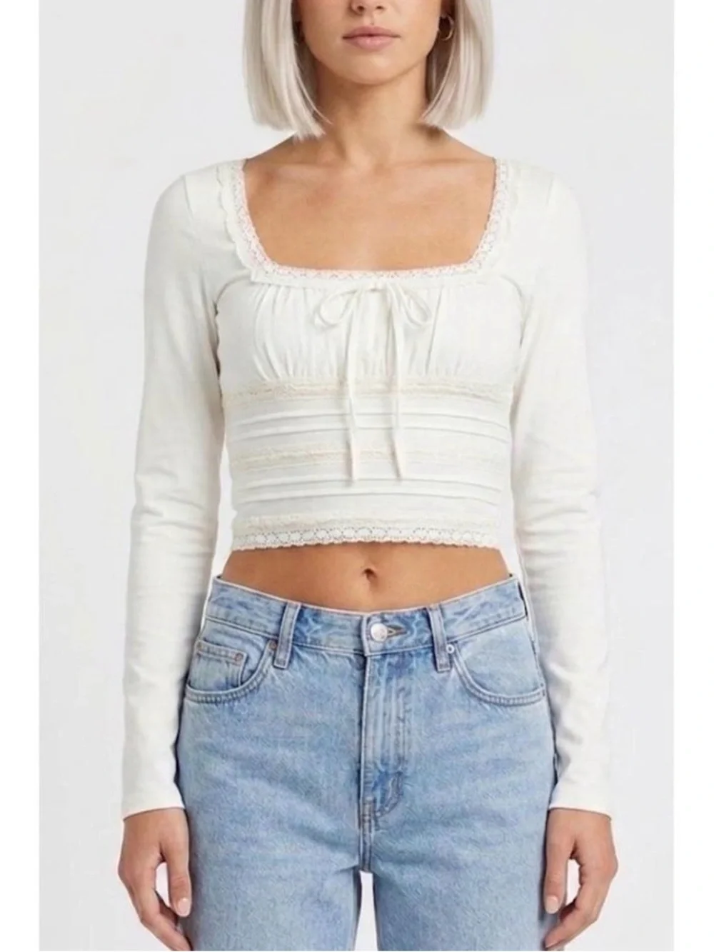 Free People Scarlet Smocked Long Sleeve Top Ivory Lace Crop L